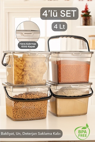 4 Parça Deterjan , Un Ve Bakliyat Saklama Kabı-erzak Saklama Kutusu Platin 4 X 4 Lt Antrasit