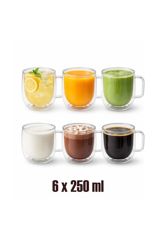 Porsima Pbt-323 Çift Cidarlı 6lı Cam Kupa Çay Kahve Kupası Isı Yalıtımlı Kulplu Cam Bardak Seti 250 Ml Cam - Şeffaf