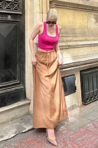 Madmext Camel Beli Lastikli Uzun Kadın Etek Mg1979 Camel