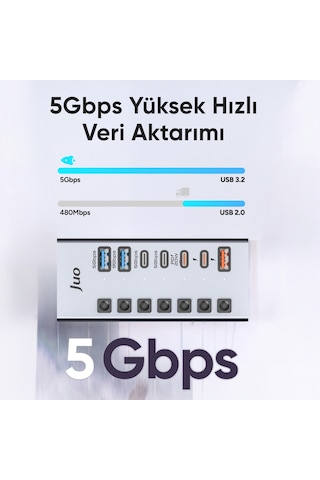 Juo Usb-a 7 Portlu Anahtarlı 3 Usb-a 4 Type-c 5gbps Pd Hızlı Şarj Destekli Usb 3.1 Çoklayıcı Dönüştürücü Hub