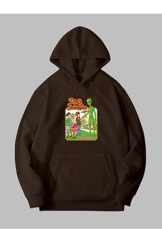 Harmandar Üç İplik Uzaylı Baskılı Unisex Kahverengi Kanguru Cepli Kapüşonlu Sweatshirt Hoodie Uzaylıkahverengisweat