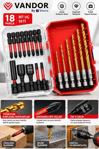 Vandor By Vosco 18 Parça Matkap Ucu Ve Vidalama Bits Seti Titanyum Kaplamalı Metal Delme Uçları Cr-v Lokma Seti
