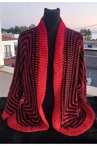 Artepieza Bohem Kırmızı Siyah Koton Tamamen El Örgüsü Sonbahar Hırkası- Salaş Zigzag Desenli Koton Hırka Kırmızı - Siyah