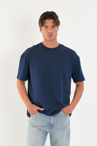 Blank Unisex Oversize Geniş Kesim Tişört %100 Pamuk Kalın Dokulu Bisiklet Yaka T-shirt Indigo