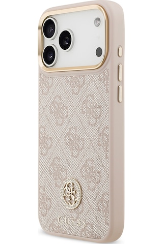 Apple Uyumlu iPhone 17 Pro Max Kılıf Guess Lisanslı M-safeli Gold Metal Kamera Çerçeveli Taşlı 4g Logolu Pembe Pembe