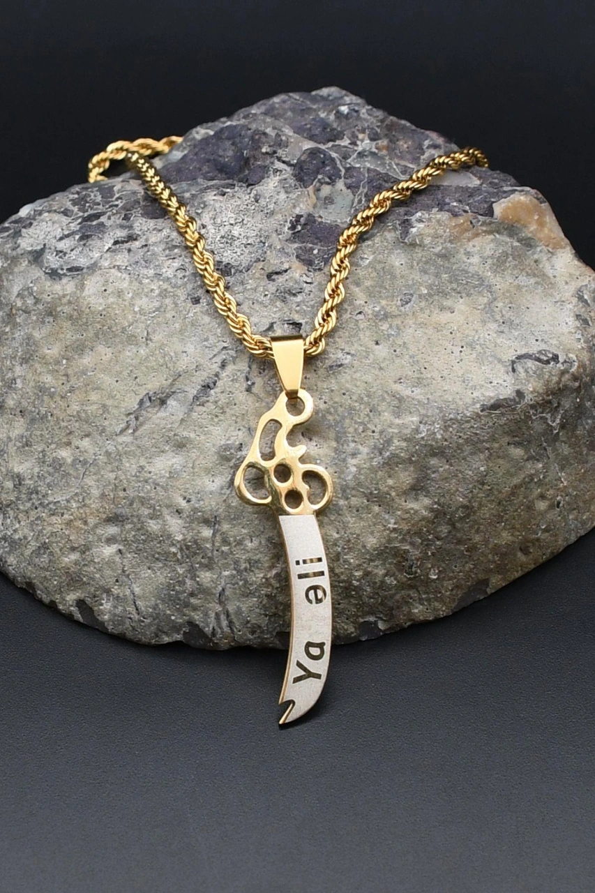 Hz. Ali Zülfikar Kılıcı Kolye Paslanmaz Çelik Zincir Altın Kaplama 3mm 902309 Altın