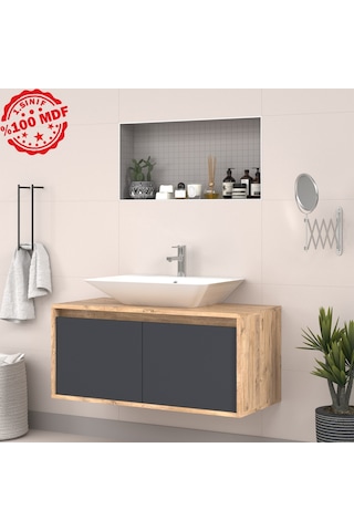 Banos Roomart 2 Kapaklı Lavabolu Ahşap-Antrasit Mdf 100 Cm Banyo Antrasit