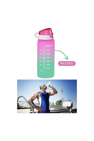 Flosoft 1 Litre Çift Renk Suluk, Okul Ve Sporcu Matarası, Motivasyonel Su Şişesi 1000Ml Pembe