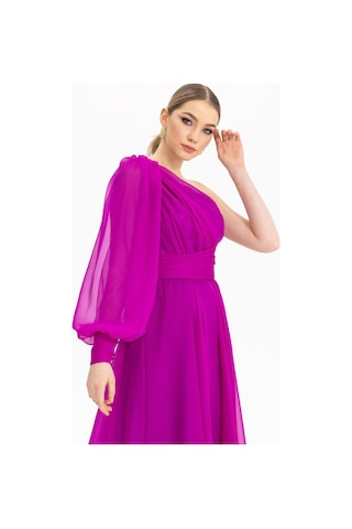 Tek Omuz Şifon Abiye-fuşya Fuşya
