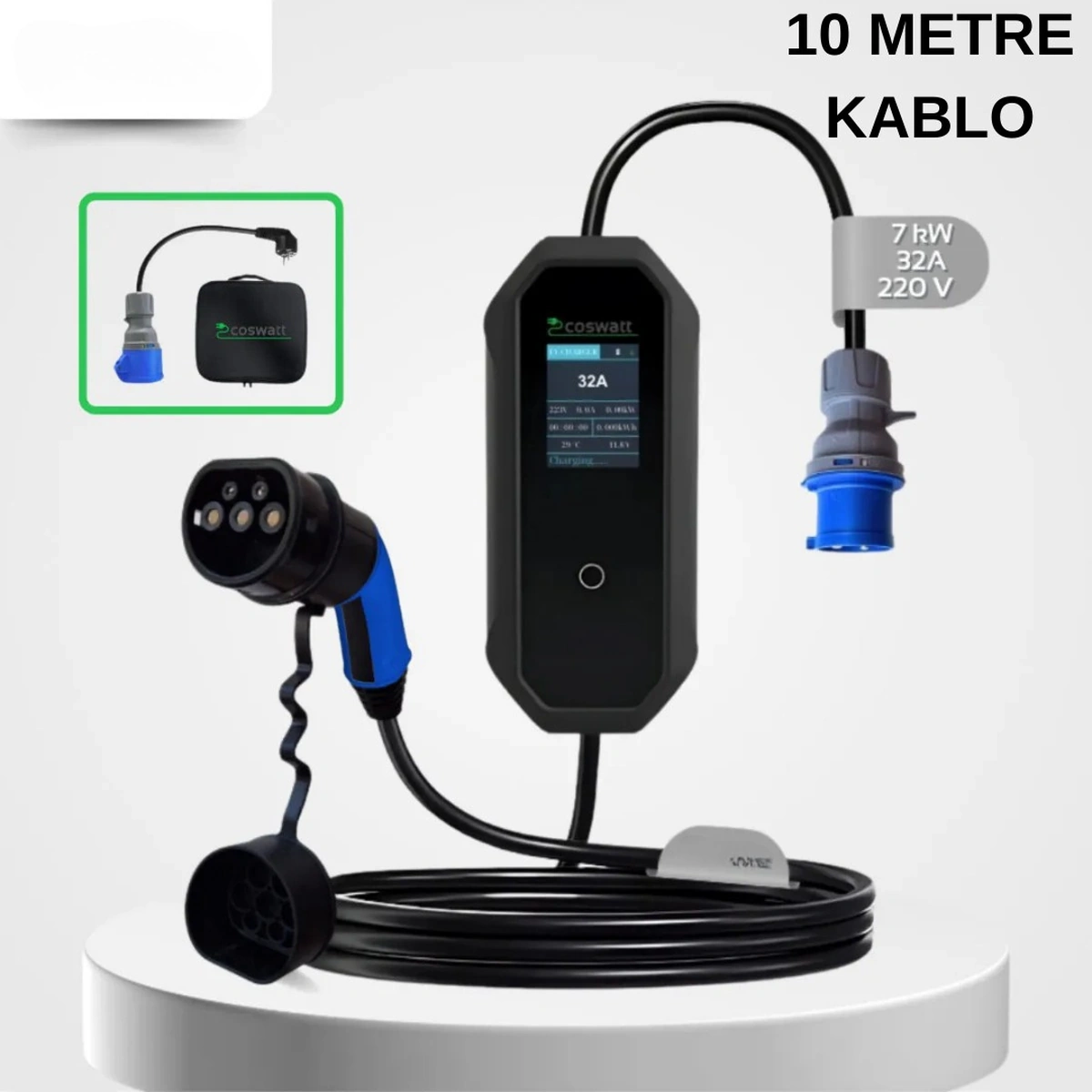 Coswatt 7.4 KW 32A Tip-2 3X32A 10 M Elektrikli Araç Taşınabilir Şarj İstasyonu