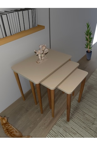 Kare Zigon Sehpa, 3lü Sehpa Seti, Zigon Sehpa,, Ahşap Ayaklı Zigon Sehpa-55 Cappuccino