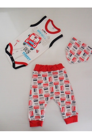Beyzababykids %100 Pamuk Otobüs Baskılı Erkek Bebek 3'Lü Body Zıbın Set