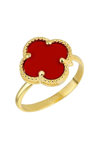 14k Altın Kaplamalı 925 Ayar Gümüş Granada Saray Yoncası Yüzük - Kırmızı 34025201 Altın