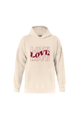 Unisex Theree Love Baskılı Kapüşonlu İçi Yumuşak Polarlı Oversize Sweatshirt - Bej Pembe