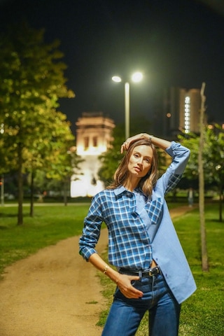 Kadın Ekoseli Düşük Omuzlu Gömlek Frn1114 Mavi