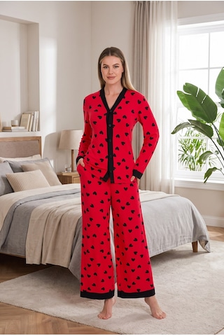 Findit Şık Tasarım Kalp Desenli Geniş Paçalı Yumuşak Dokulu Viskon Kumaş Düğmeli 2'li Pijama Takımı Kırmızı