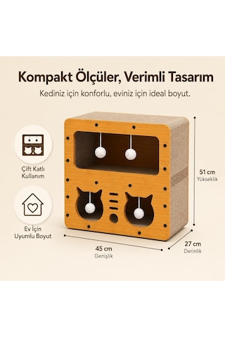 Kedi Tırmalama Evi - Ahşap Kedi Oyun Evi 45x28x51 Cm - Çift Katlı Karton Tırmalama Tahtalı Uyku Yuvası - Peluş T