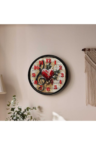 Müzik Temalı Kalp Ve Nota Desenli Dekoratif Duvar Saati - 28 Cm Çok Renkli