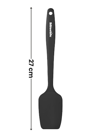 Kaşık Spatula, Isıya Dayanıklı Yanmaz Yapışmaz Tek Parça Silikon Kaşık Spatula 27cm Siyah Siyah