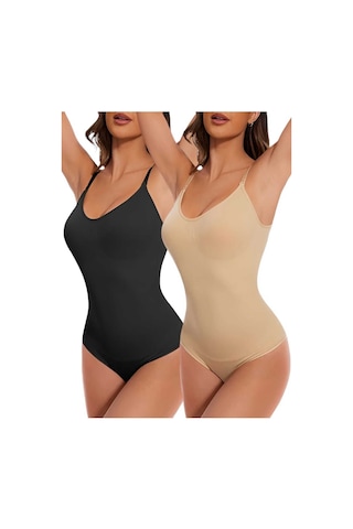 Uniquetrenders Kadın Dikişsiz Toparlayıcı Ve Çıtçıtlı İp Askılı Slip Body Korse 2'li Set Siyah - Ten Rengi