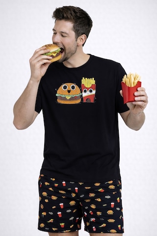 Erkek Pamuklu Baskılı Cepli Şortlu Pijama Takımı Ke77631 Siyah - Kırmızı