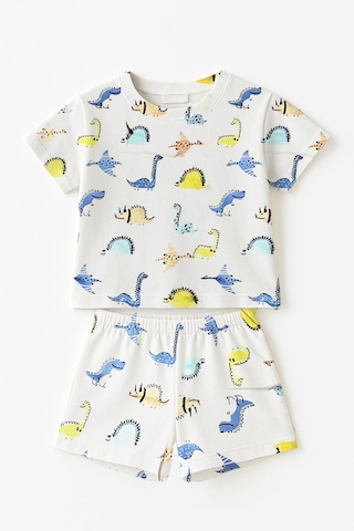 Luess Erkek Çocuk Dino %100 Pamuk Kısa Kollu Pijama Takımı 3-4 Yaş 8-9 Yaş Beyaz