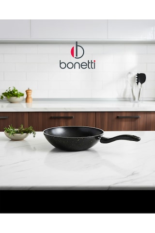 Bonetti Granit Siyah Wok Tava 28 Cm Yapışmaz Yüzey Siyah