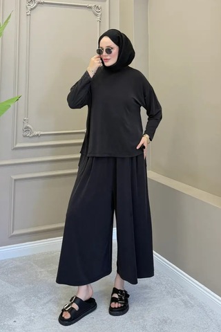 Balenbi Kadın Modal Kumaş Oversize Bol Paça Pantolon Rahat Kalıp İkili Tesettür Takım 1222 - Premium Seri Siyah