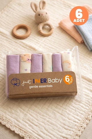Just Inner Kız Bebek 6'lı Pamuklu Ağız Mendili Ayışığı Desenli Kutulu Set Nefes Alan Doku 684202 Lila