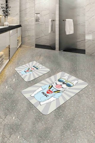 Gri Hayvanlı Banyo Halısı Klozet Takımı Paspas Seti Bs266n11