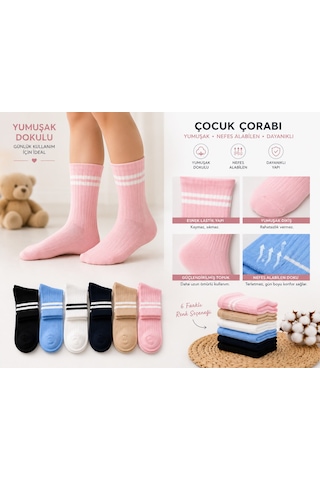 Ciho Socks Daily 6 Çift Çocuk %100 Pamuk Çizgili Tenis Okul Kolej Çorabı Pembe