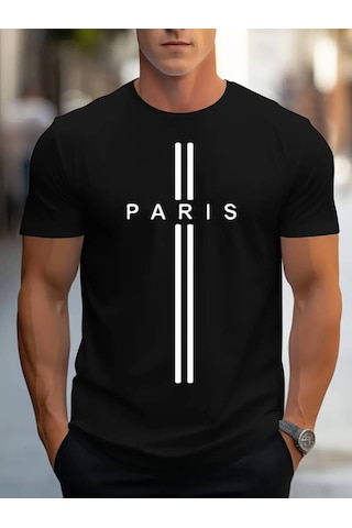 Noıssey Siyah Erkek Oversize Siyah - Beyaz Bisiklet Yaka Paris Yazı Baskılı