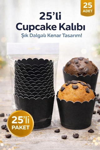 Cupcake Kalıbı & Kek Kapsülü & Muffin Kek Kalıbı & 25 Adet - Siyah Kek Kalıbı Siyah
