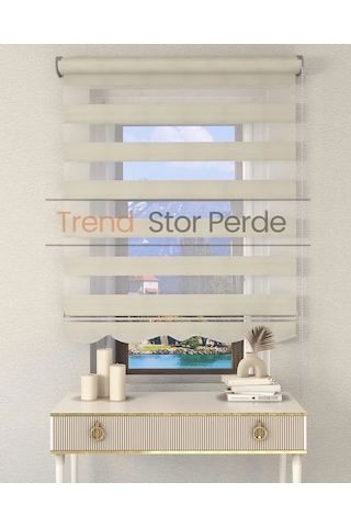 Geniş Plise Krem Etek Dilimli Zebra Stor Güneşlik Perde Kırık Krem