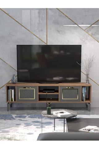Tv Sehpası 160 Cm Modern Çok Amaçlı Dolaplı Raflı Televizyon Ünitesi Linya Gold Antrasit Ceviz