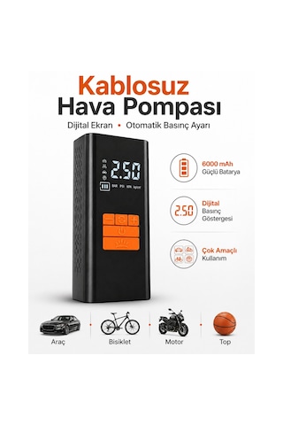 Kablosuz Hava Pompası 6000 Mah Şarjlı Dijital Ekranlı Lastik Şişirme Kompresörü Araç Bisiklet Motor Top Siyah