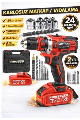 12v Metal Şanzıman Şarjlı Matkap 24 Parça Akülü Vidalama Akülü Matkap Seti Kırmızı Renk
