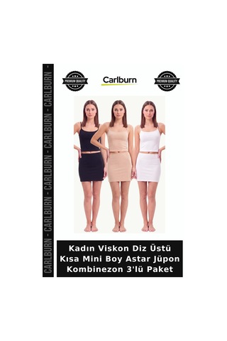 Carlburn Özel Seri Kadın Viskon Diz Üstü Kısa Mini Boy Astar Jüpon Kombinezon 3'lü Paket Rahat Kesim Tekstil Beyaz Siyah Ten
