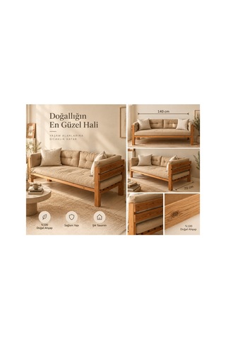 Doğal Ahşap Sedir Koltuk 140x70 Cm Masif Ahşap Yan Panelli Modern Daybed / Balkon Ve Salon Sedir Koyu Ceviz