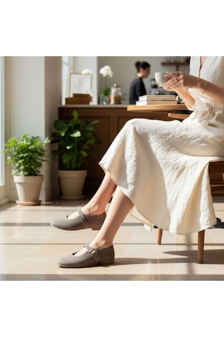 Ne&ve Shoes Vizon Süet Hakiki Deri Tokalı Babet