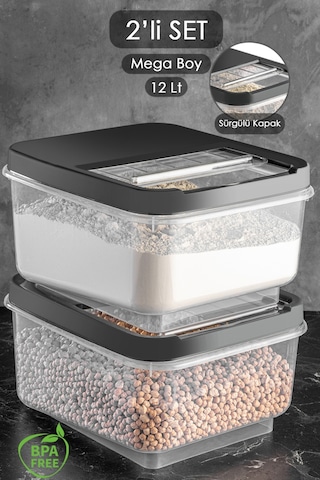 Meleni Home 2'li Mega Boy 12 Lt Kayar Kapaklı Bakliyat Erzak Saklama Kabı Un Çay Şeker Saklama Kutusu Antrasit