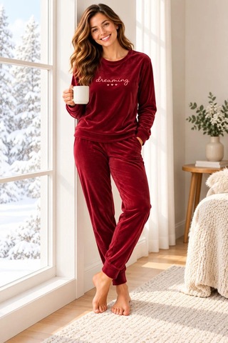 Gd Goldoremi 4082 Kadın Likralı Uzun Kollu Kadife Nefes Alan Kumaş Pijama Takım Bordo