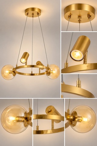 Modern Premium Gold Halka Sarkıt Avize 2xe14 + 2xgu10 Gold Kasa Cam Küreli Dekoratif Avize
