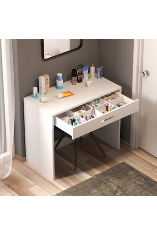 Arya Novella Mode Çekmeceli Bölmeli Beyaz Makyaj Masası Kulplu