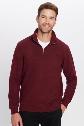 Tudors Unisex Relax Fit Rahat Kesim Pamuklu Yarım Fermuarlı Bordo Dik Yaka Sweatshirt-31977 Bordo