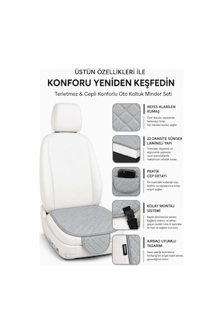 Ergonomik Cepli 3 Parça Oturak Deri Oto Minder Seti Gri
