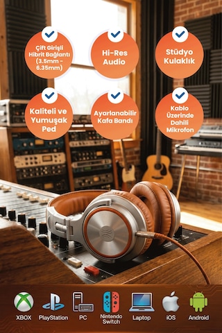 Pro50 Kulak Üstü Kablolu Stüdyo Dj Kulaklığı Yüksek Çözünürlüklü Ses, Dahili Mikrofon Silver