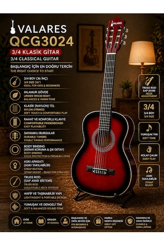 Valares Qcg3024 Kırmızı Klasik Gitar 3/4 Başlangıç & Orta Seviye Yumuşak Tını.kılıf Pena Hediye