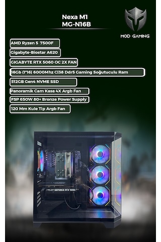 Mod Gaming Nexa M1 MG-N16B R5-7500F 16 GB 512 GB SSD 8 GB RTX5060 W11P Masaüstü Oyuncu Oem Paket Bilgisayar