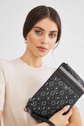 Deri Company Kadın Basic Clutch Çanta Monogram Desenli Şeritli Siyah Gri (4006SG) 214012 Gri - Siyah